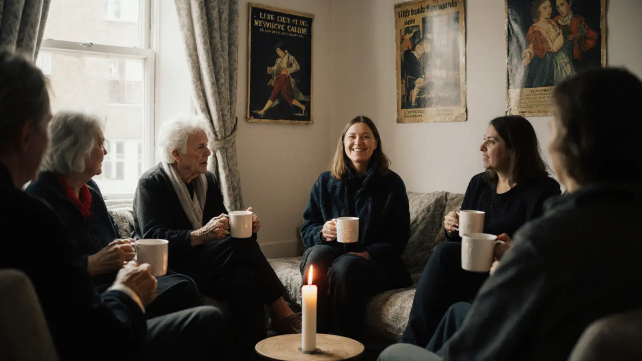 A group meets in a quiet London room, no phones, just tea and shared silence among former escorts.