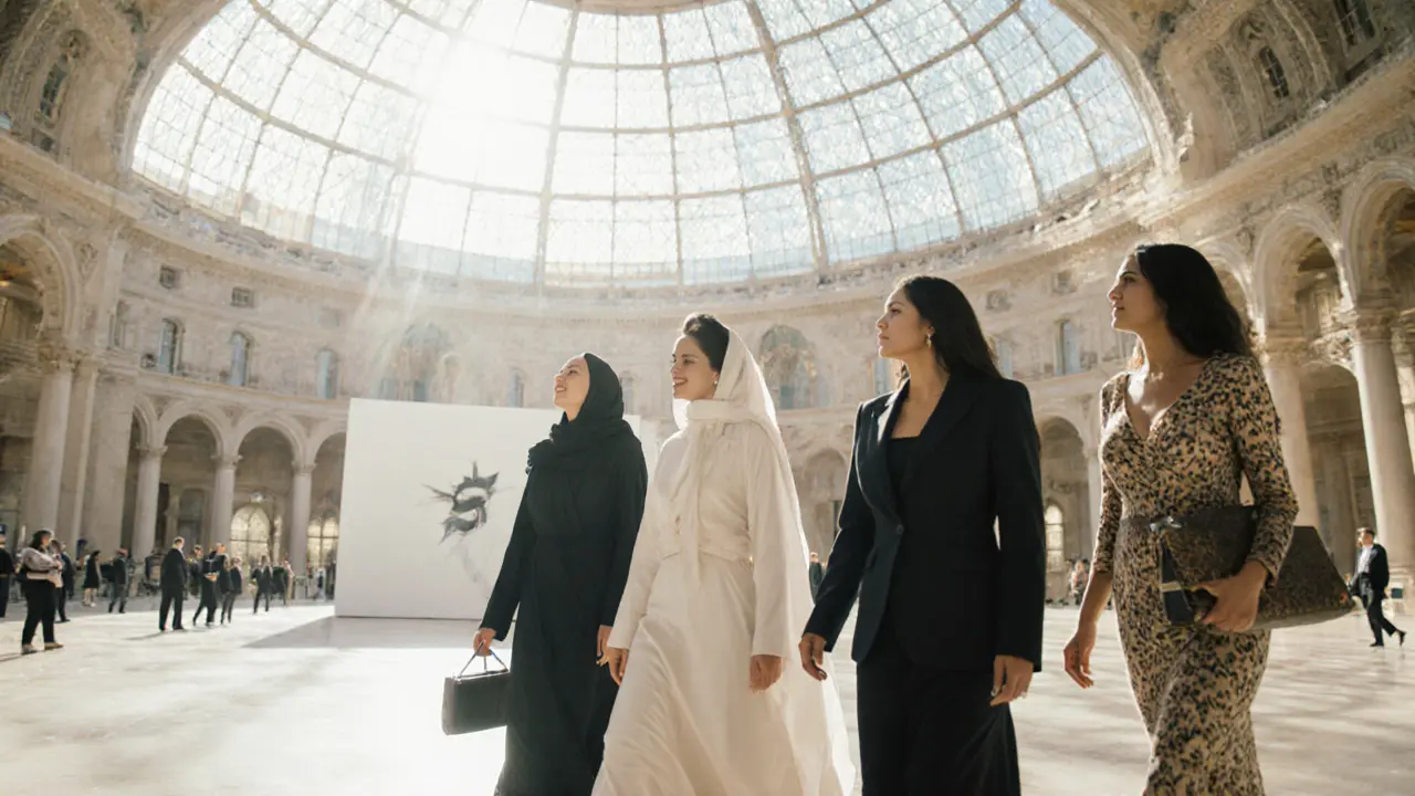 A group of elegant women from diverse backgrounds enjoying art at the Louvre Abu Dhabi, bathed in natural daylight.