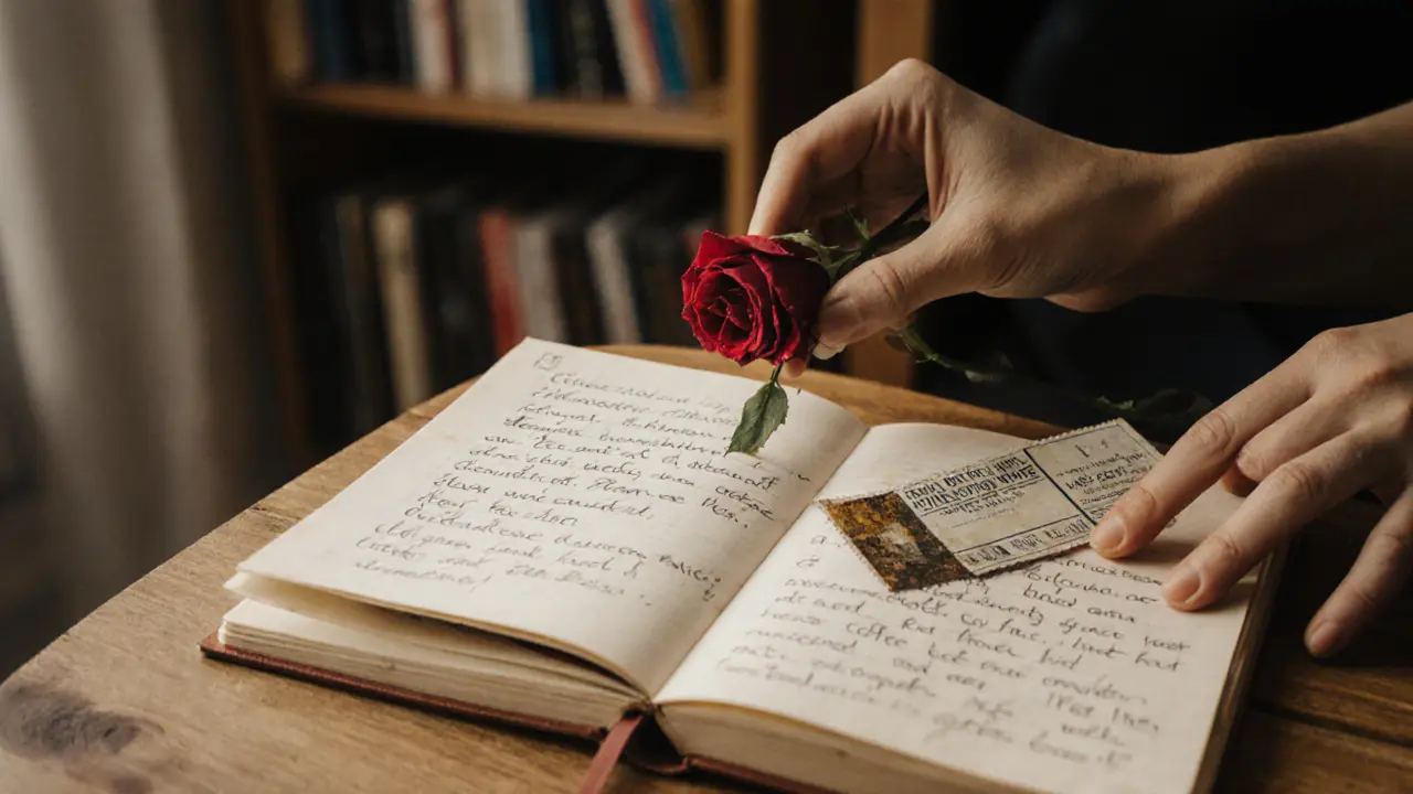 A hand placing a rose beside handwritten notes and a concert ticket on a wooden table.