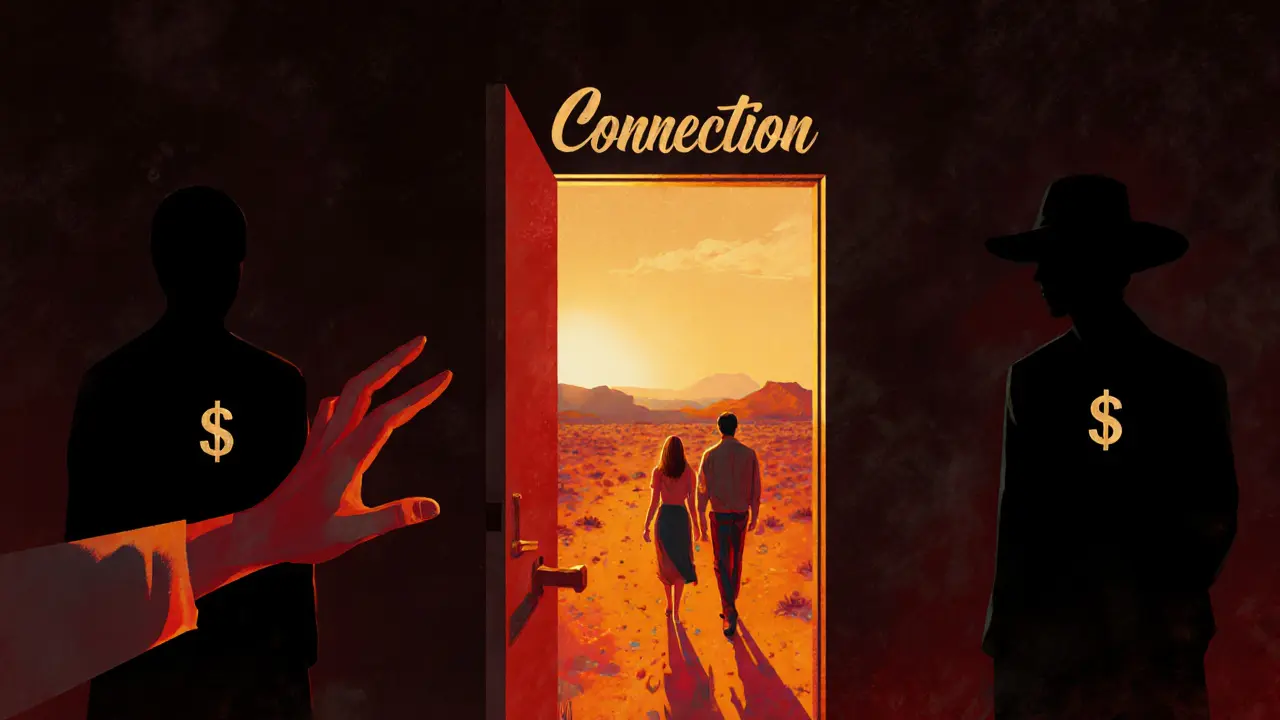 A hand reaching toward a glowing door symbolizing authentic connection, with transactional shadows fading away.