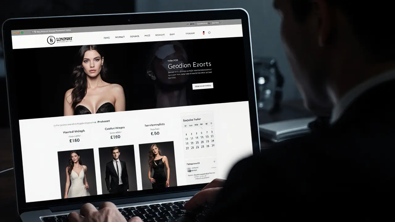 A lonely man hovers over a laptop displaying a luxury escort agency website in dim room lighting.