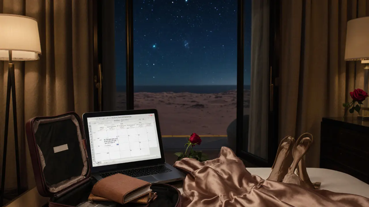 A luxury hotel suite with a suitcase, journal, and rose, hinting at a discreet, refined lifestyle.