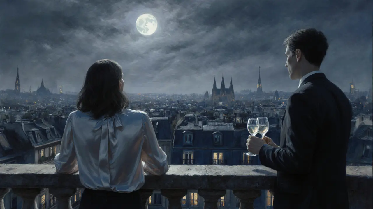 A man and woman stand on a quiet rooftop at night, gazing over Paris under moonlight, wine glasses in hand.