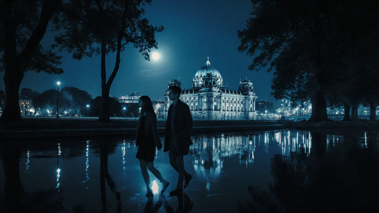 A man and woman walking peacefully along the Spree River at night, with the Reichstag glowing in the distance.