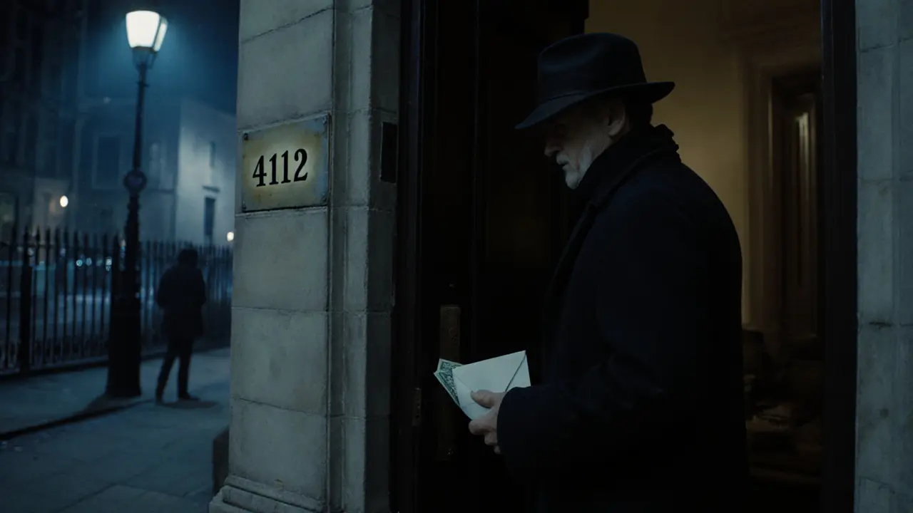 A man leaving a hotel room at night, holding cash, face hidden, alley lit by moonlight.