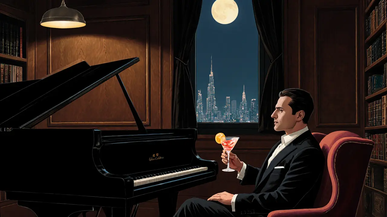 A man sipping a signature cocktail in a dimly lit, wood-paneled lounge with a pianist nearby.
