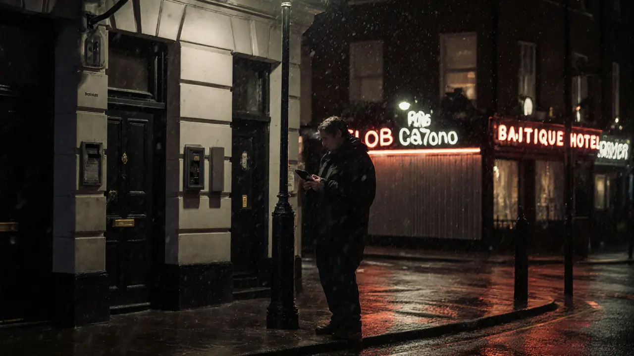 A person standing alone under a London streetlamp near a secure residential building in the rain.