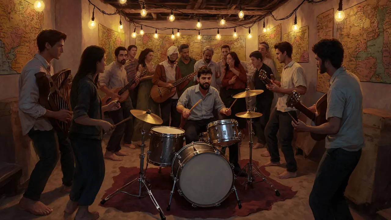 A pop-up music venue in a garage with Middle Eastern musicians and a diverse crowd dancing barefoot.