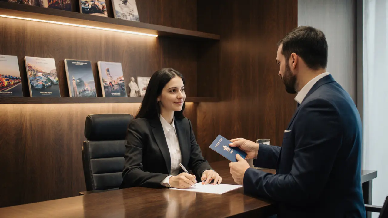 A professional escort agency office with a client presenting his passport for verification, surrounded by discreet promotional materials.
