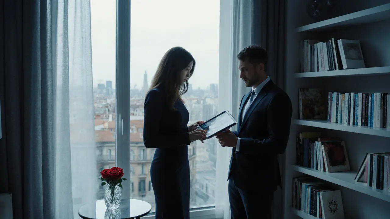 A professional escort and client reviewing art in a modern Milan apartment with city views.