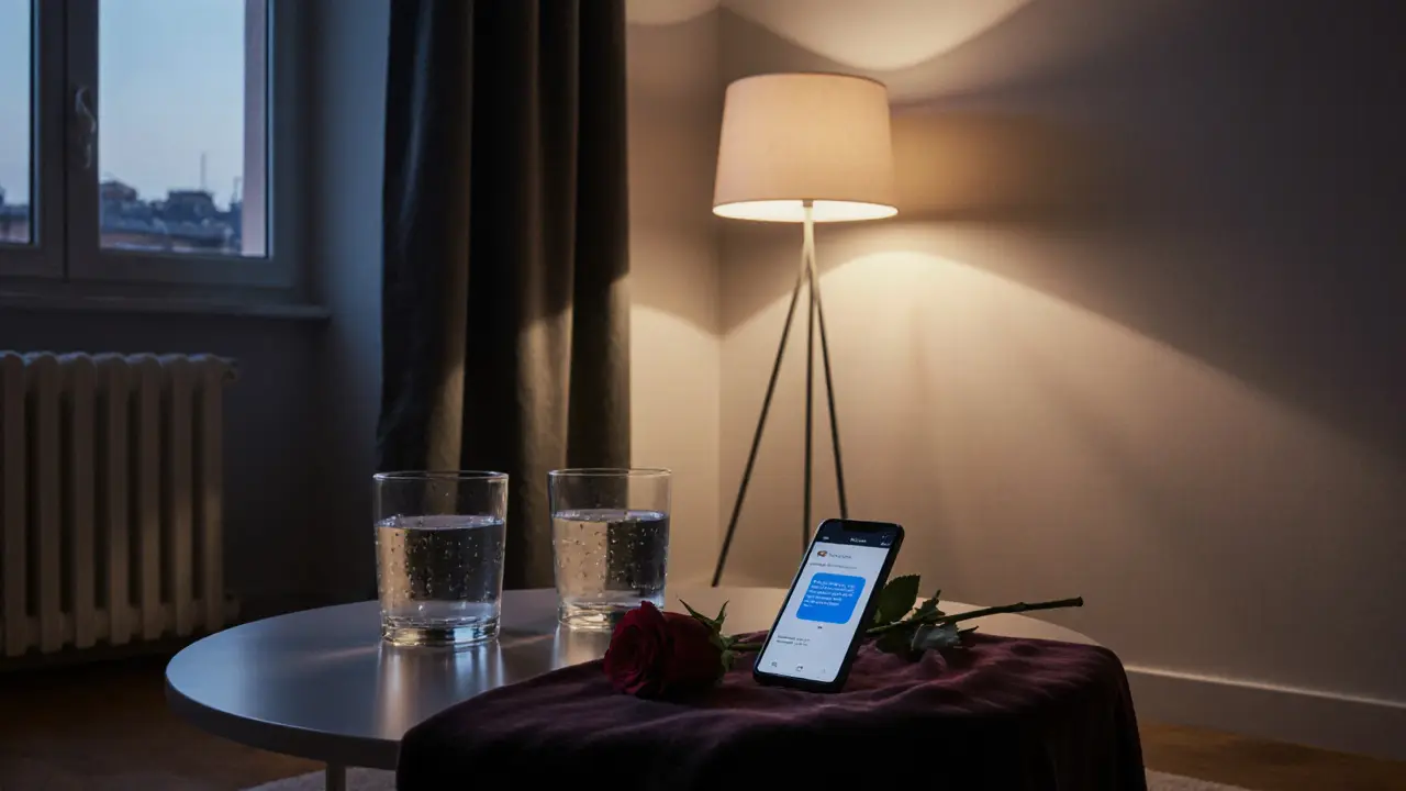A quiet apartment interior with coffee glasses, a smartphone, and a rose, symbolizing respectful companionship.
