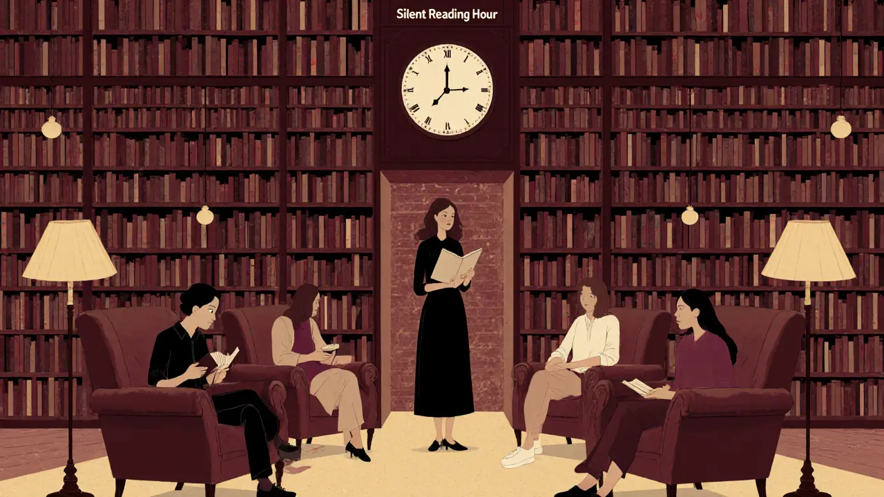 A quiet literary lounge with towering bookshelves and people reading in soft lamplight.