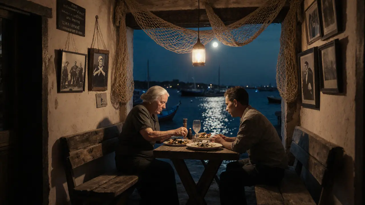 A quiet seaside bar by Monaco&#039;s old port, run by an elderly woman, serving grilled sardines as boats gently rock at night.