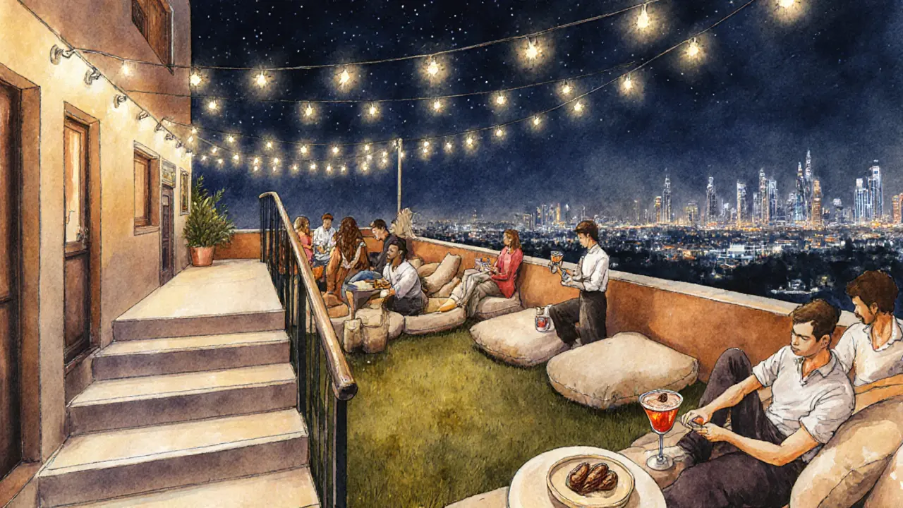 A rooftop garden in Dubai with string lights, guests enjoying cocktails and local snacks under the night sky.