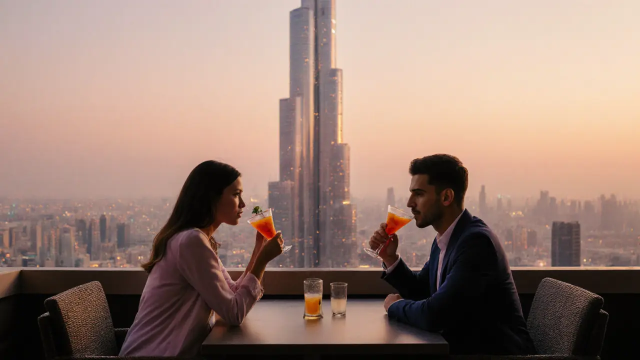 A same-sex couple enjoying cocktails on a rooftop at sunset with the Burj Khalifa in the background.