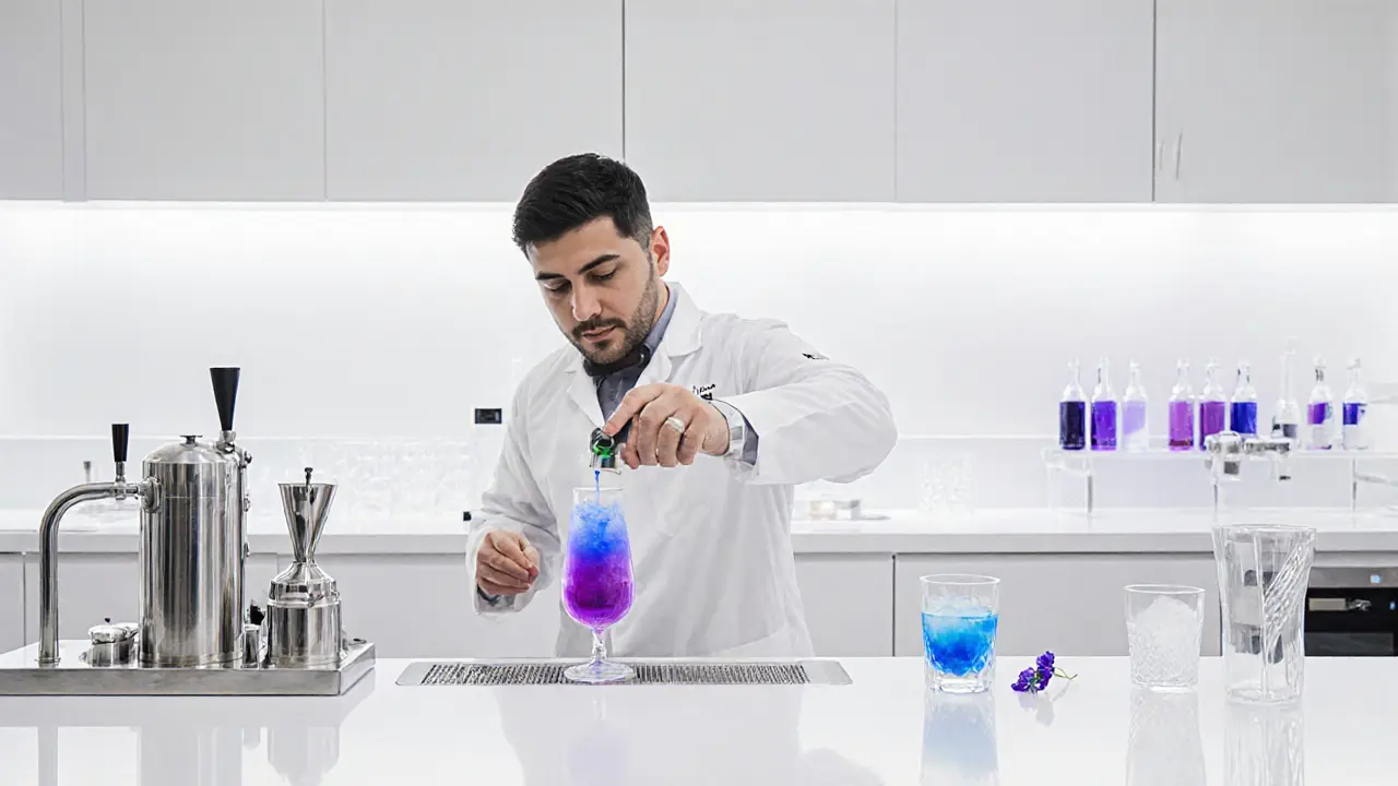 A scientist-style mixologist creating a color-changing cocktail in a pristine white laboratory bar.