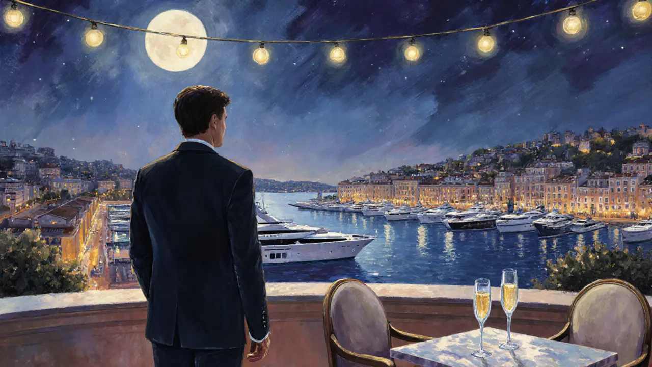 A solitary figure on a luxury rooftop terrace overlooking Monaco&#039;s illuminated harbor at midnight, champagne glass beside an empty chair.