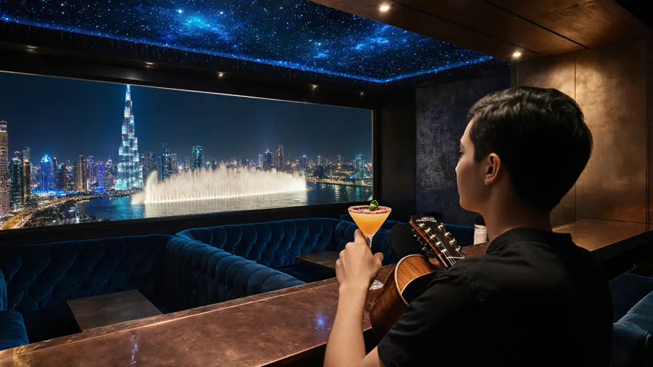 A solo guest at 101 Lounge gazing at the Dubai Fountain under a starry ceiling.