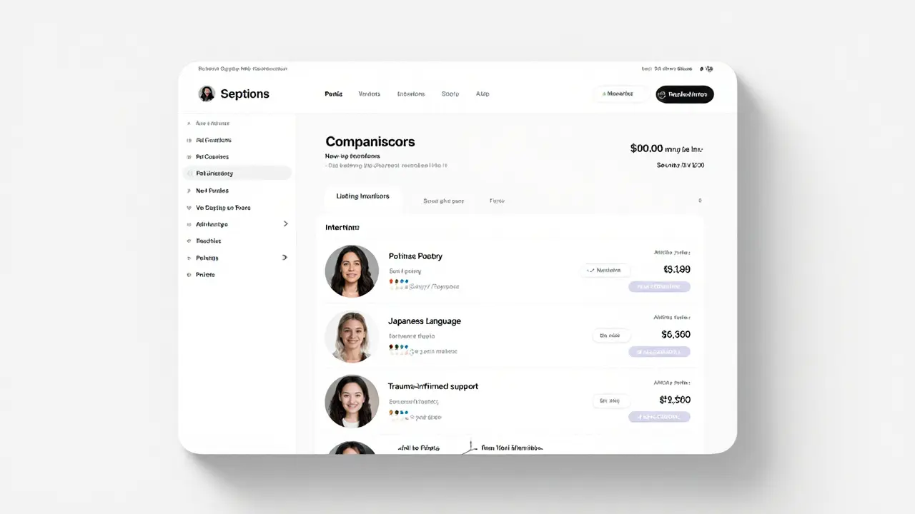 A tablet showing clean companion profiles with interests and prices, representing transparent booking in Berlin.