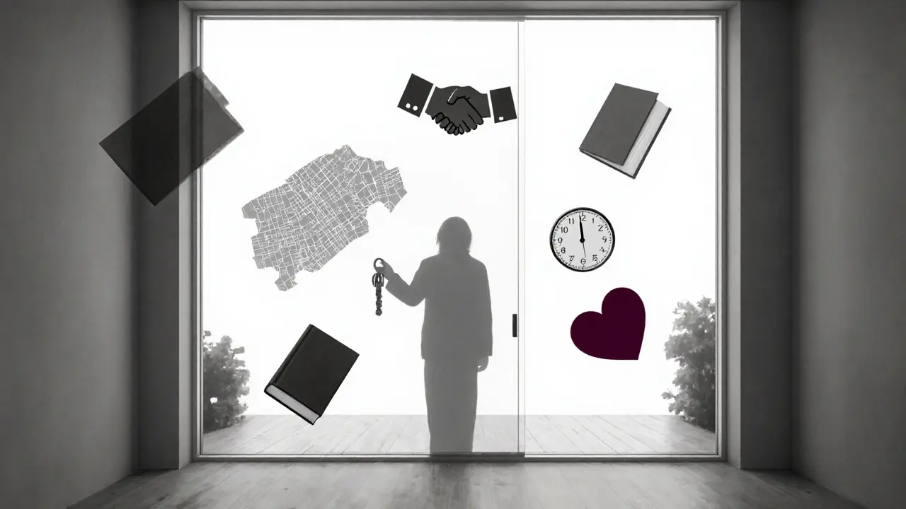 A transparent door with symbolic images floating outside, representing trust and emotional connection in Berlin.