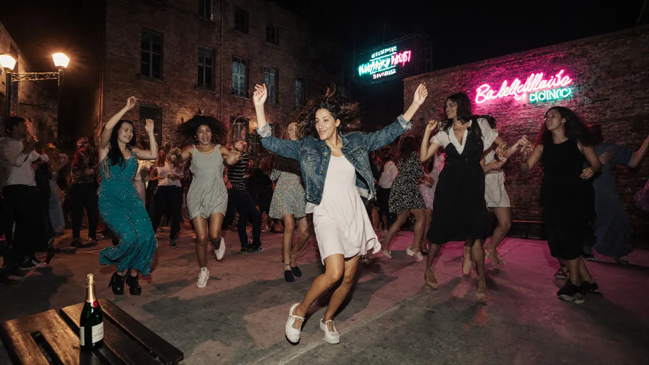 A vibrant crowd dancing in an open-air factory courtyard under neon lights at night.