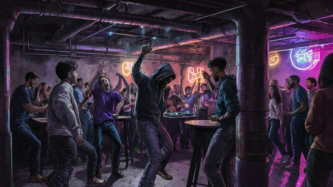 A vibrant underground club in Fontvieille with locals dancing on tables under neon lights, cash only, raw energy everywhere.