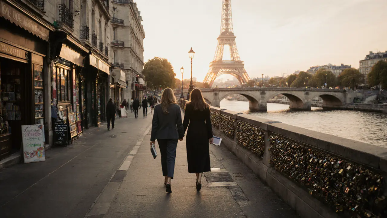 A woman and companion walking along the Seine at sunset, books in hand, Eiffel Tower in the distance.