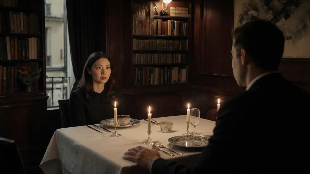 A woman and man share a quiet dinner at a candlelit table in a private Parisian restaurant.