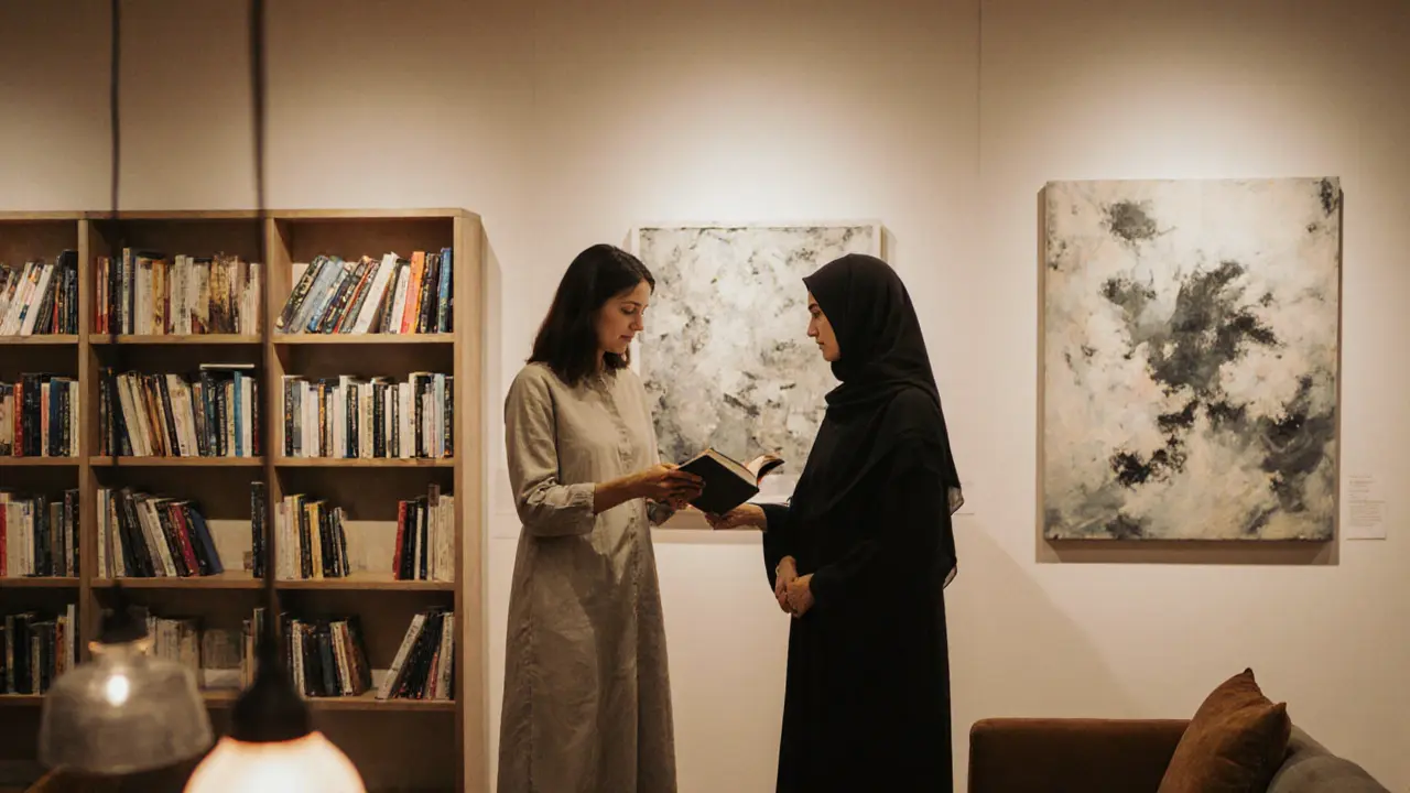 A woman giving a book to another woman in a softly lit art gallery lounge in Abu Dhabi.