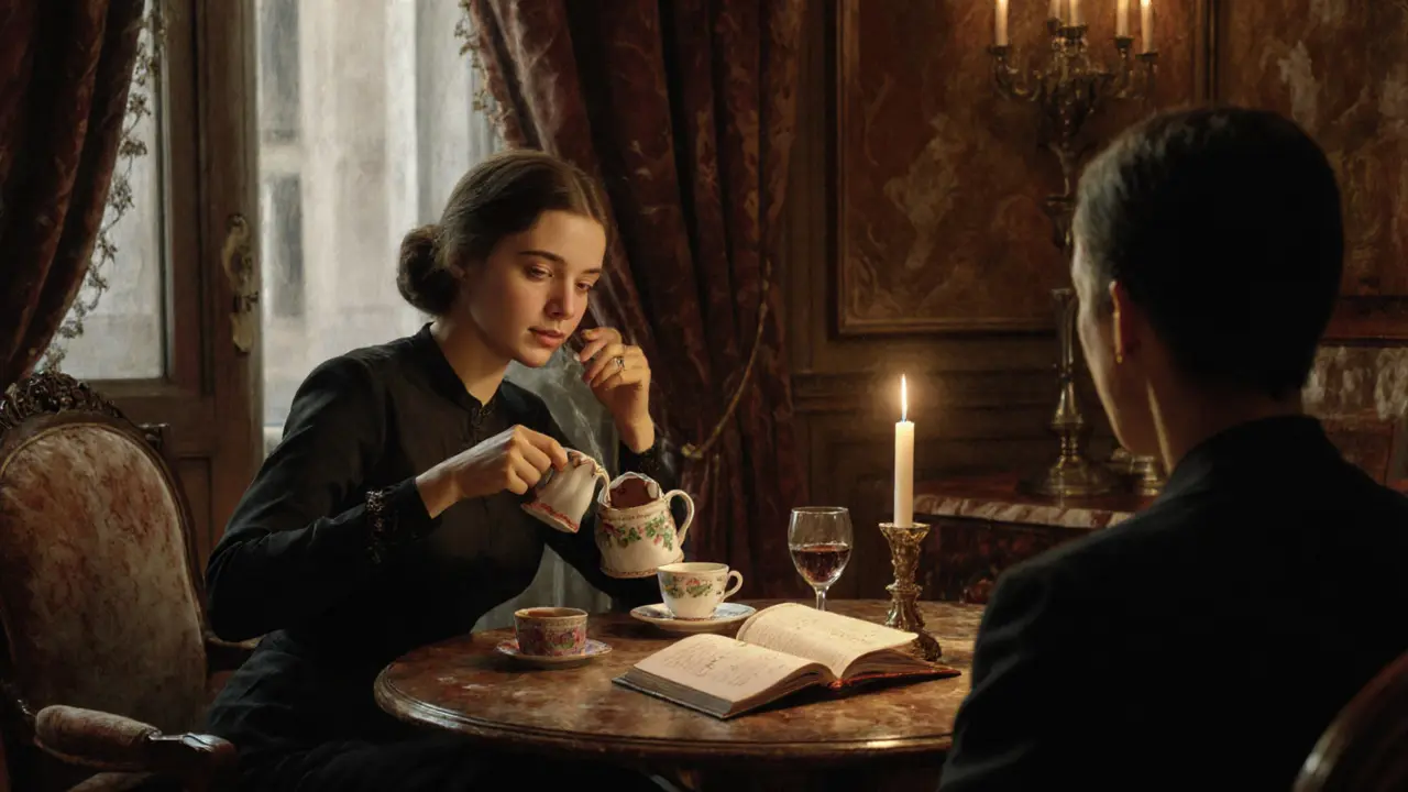 A woman pours espresso in a cozy Navigli apartment, a book and wine glass nearby, candlelight casting warm shadows.