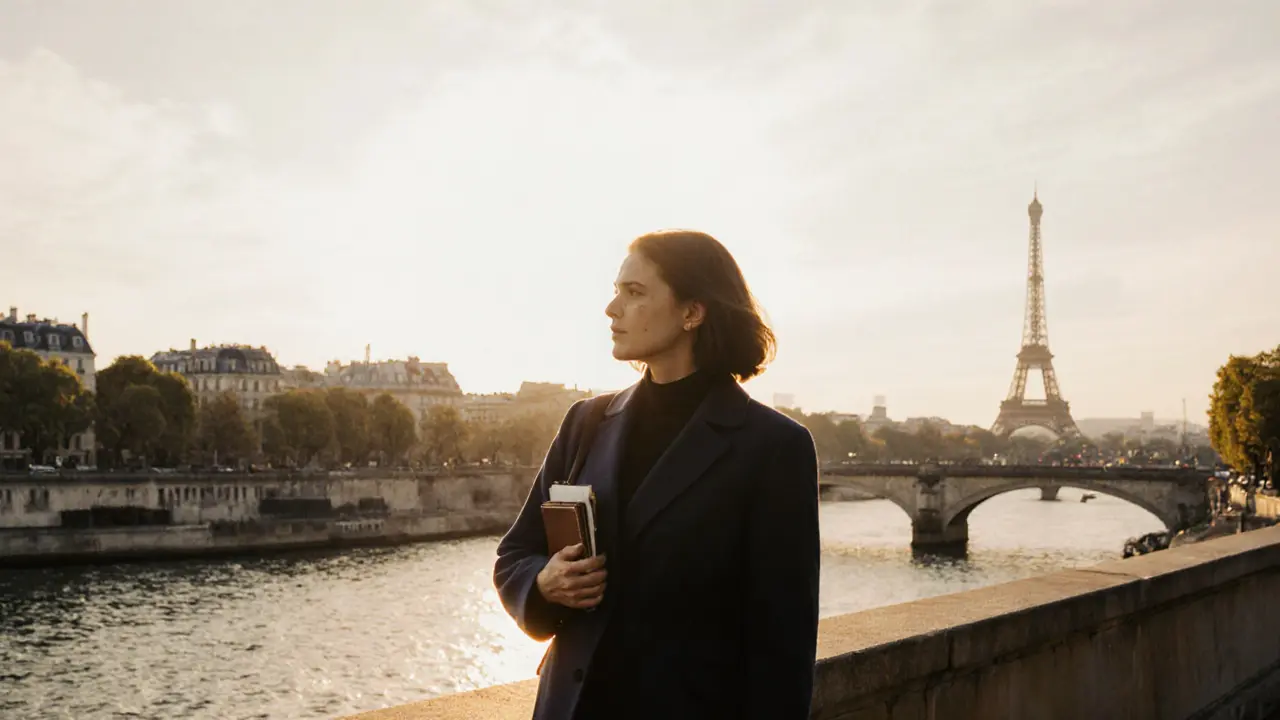 A woman walking alone along the Seine at sunset, calm and dignified, with the Eiffel Tower in the distance.