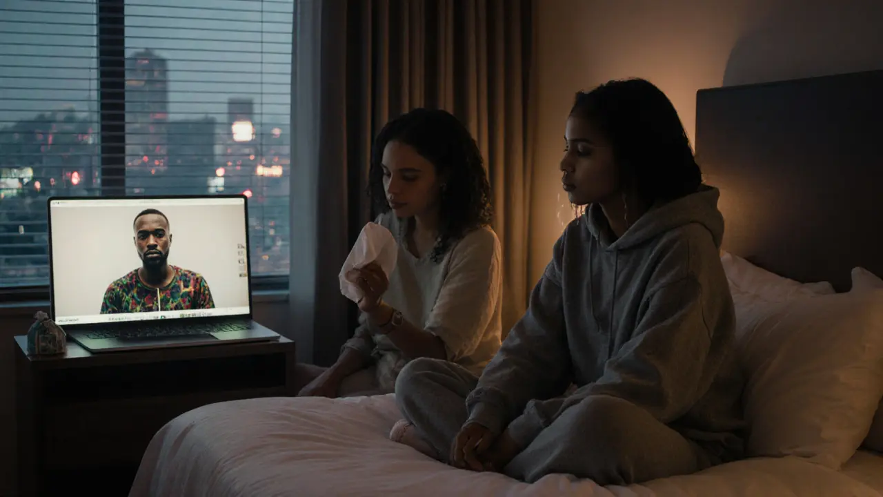 A young student watches a movie with a companion, tears falling as she feels seen for the first time in weeks.