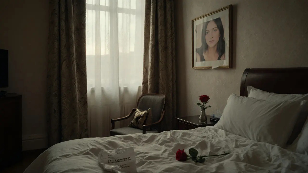 An empty upscale apartment at dawn with a crumpled receipt and half-torn photo hinting at a paid encounter.