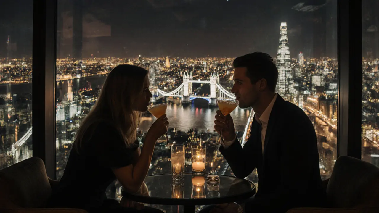 Couples enjoying cocktails on a sleek rooftop with a glowing London skyline in the background.