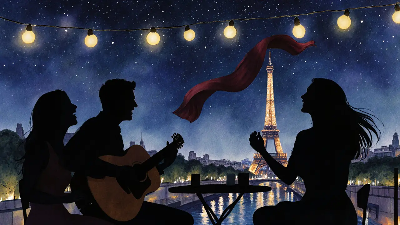 Couples on a rooftop terrace at night, the Eiffel Tower glowing in the distance behind them.