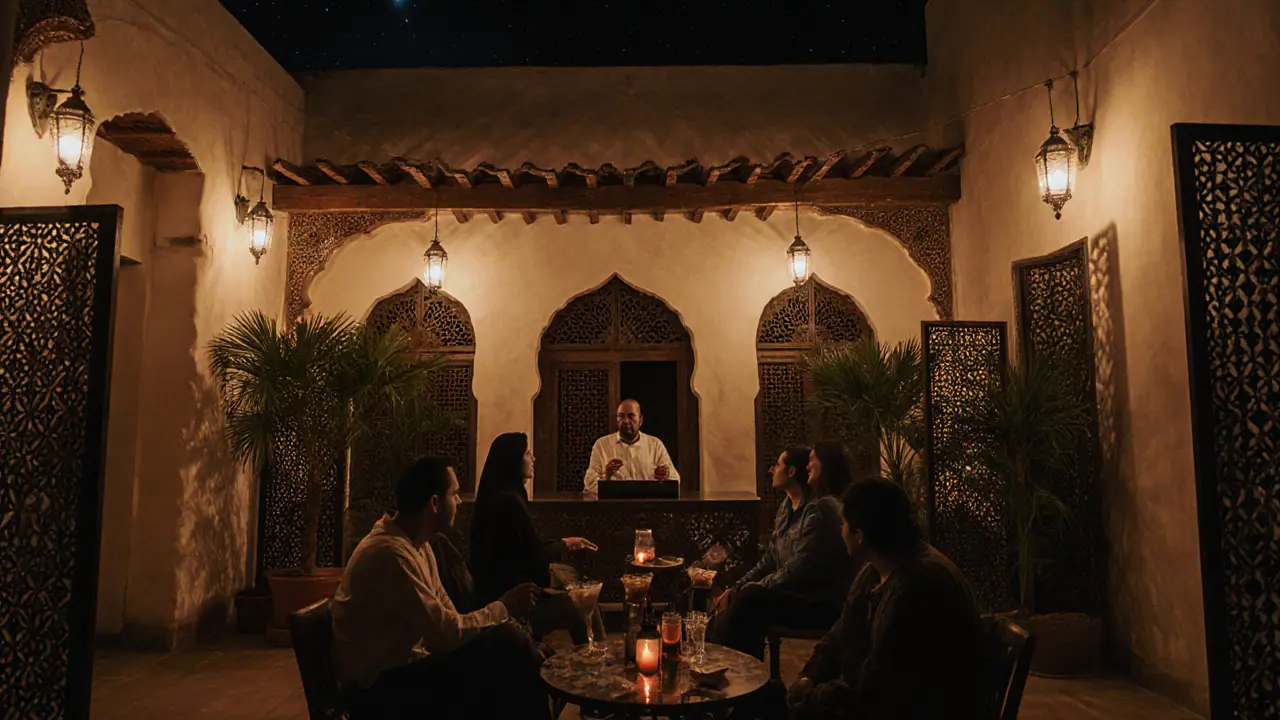 Cozy hidden bar in a traditional Emirati house with lanterns, coffee, and quiet guests in a serene courtyard.