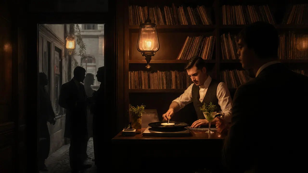 Cozy speakeasy bar behind a bookshelf with vintage records and warm lantern light.