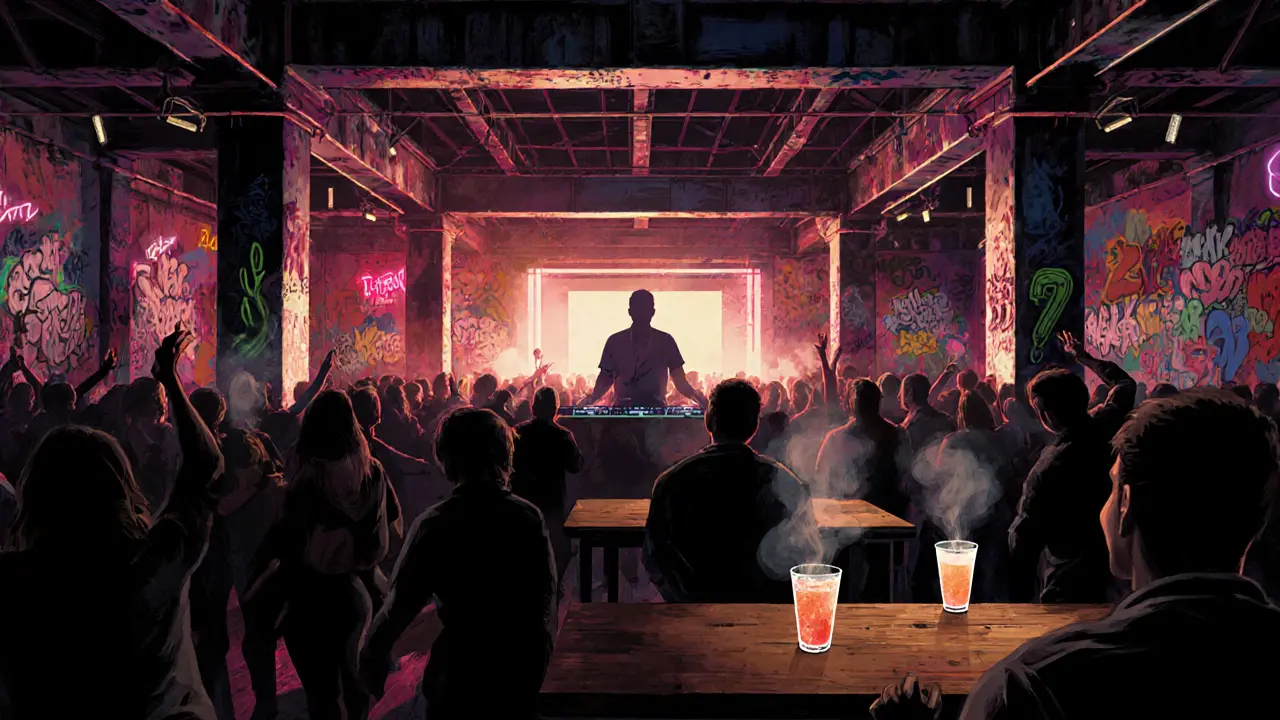 Crowd dancing at an underground Milan nightclub with neon lights and graffiti walls.