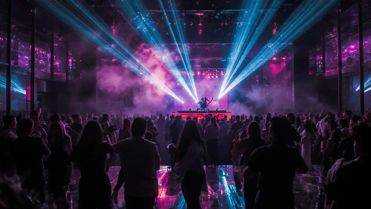 Crowd dancing under neon lasers in a high-energy nightclub with futuristic architecture