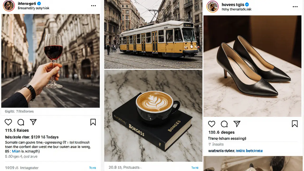 Curated Instagram feed implying luxury and privacy through subtle lifestyle imagery in Milan.
