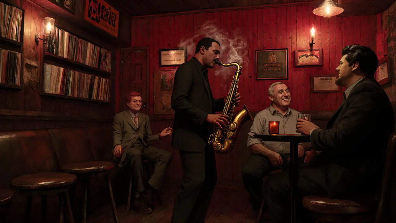 Dim basement jazz bar with a saxophonist playing, patrons sipping drinks in warm red lighting.