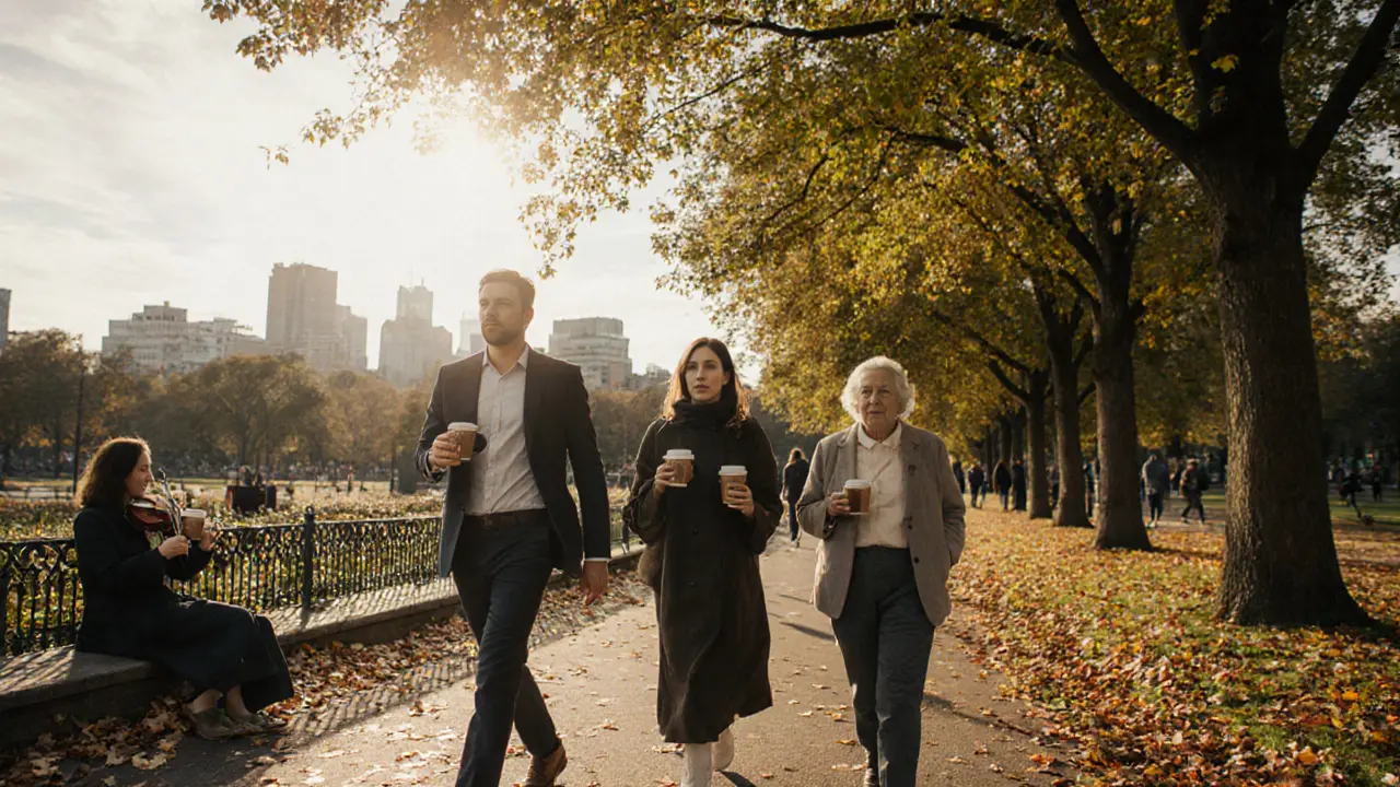 Diverse people walking together in Tiergarten park, enjoying a peaceful day with coffee and city views.