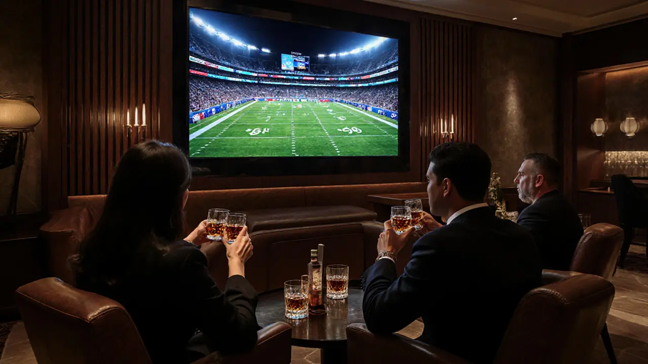 Elegant patrons watching an NFL game on a massive screen in a luxury Dubai sports bar.
