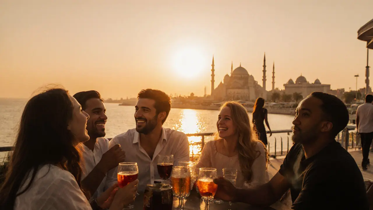 Expats enjoying sunset at Abu Dhabi&#039;s Corniche, laughing together at a rooftop bar with mosque in distance.