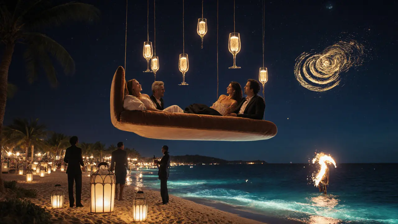 Floating velvet daybed above a midnight beach club with fire dancers and glowing lanterns.