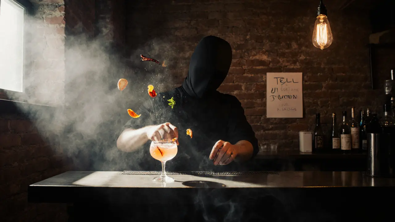 Hidden basement bar where a bartender mixes a mysterious drink in dim, smoky light.