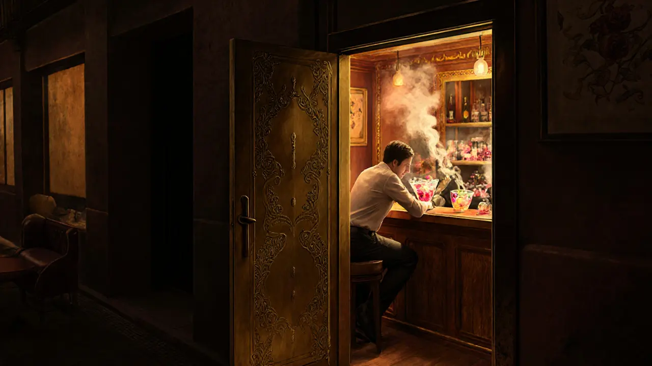 Hidden speakeasy interior with jazz music, brass lamps, and cocktails under warm lighting.