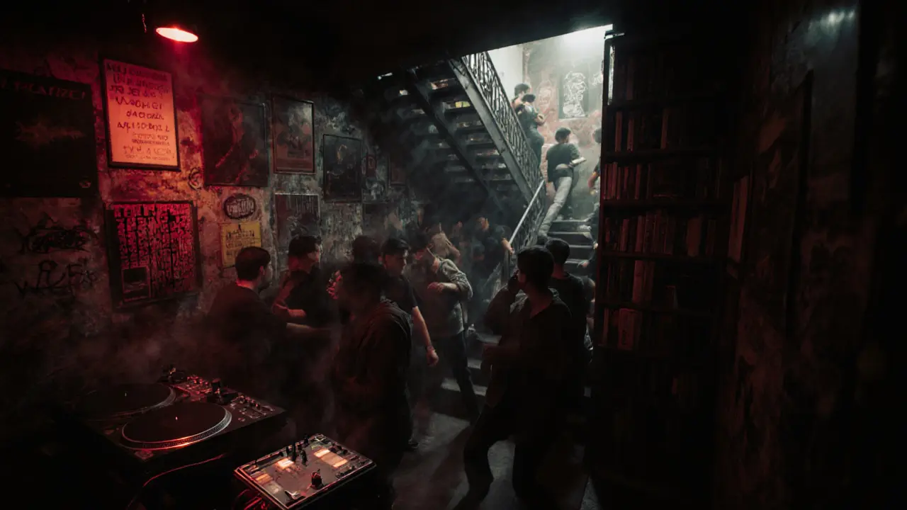 Hidden underground club Bar 66 with dim lighting, bookshelf entrance, and crowd dancing to eclectic music.