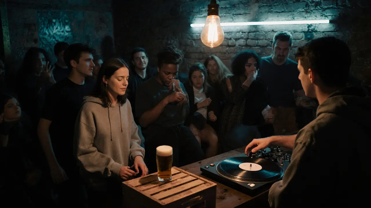 Intimate basement club with neon lights and a vinyl DJ spinning experimental techno to a close-knit crowd.