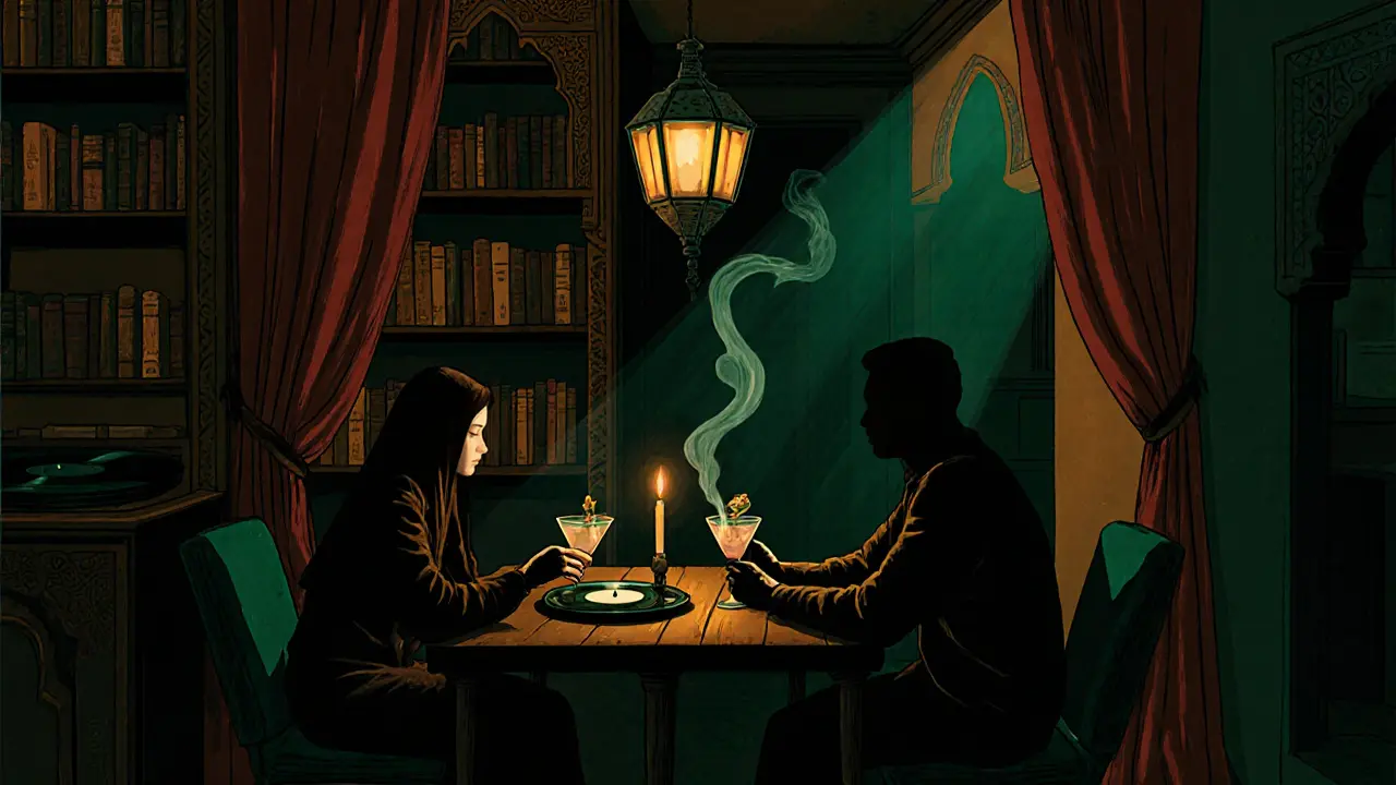 Intimate scene inside Le Comptoir Général, dimly lit with books and lanterns, couple sharing a drink in shadow.